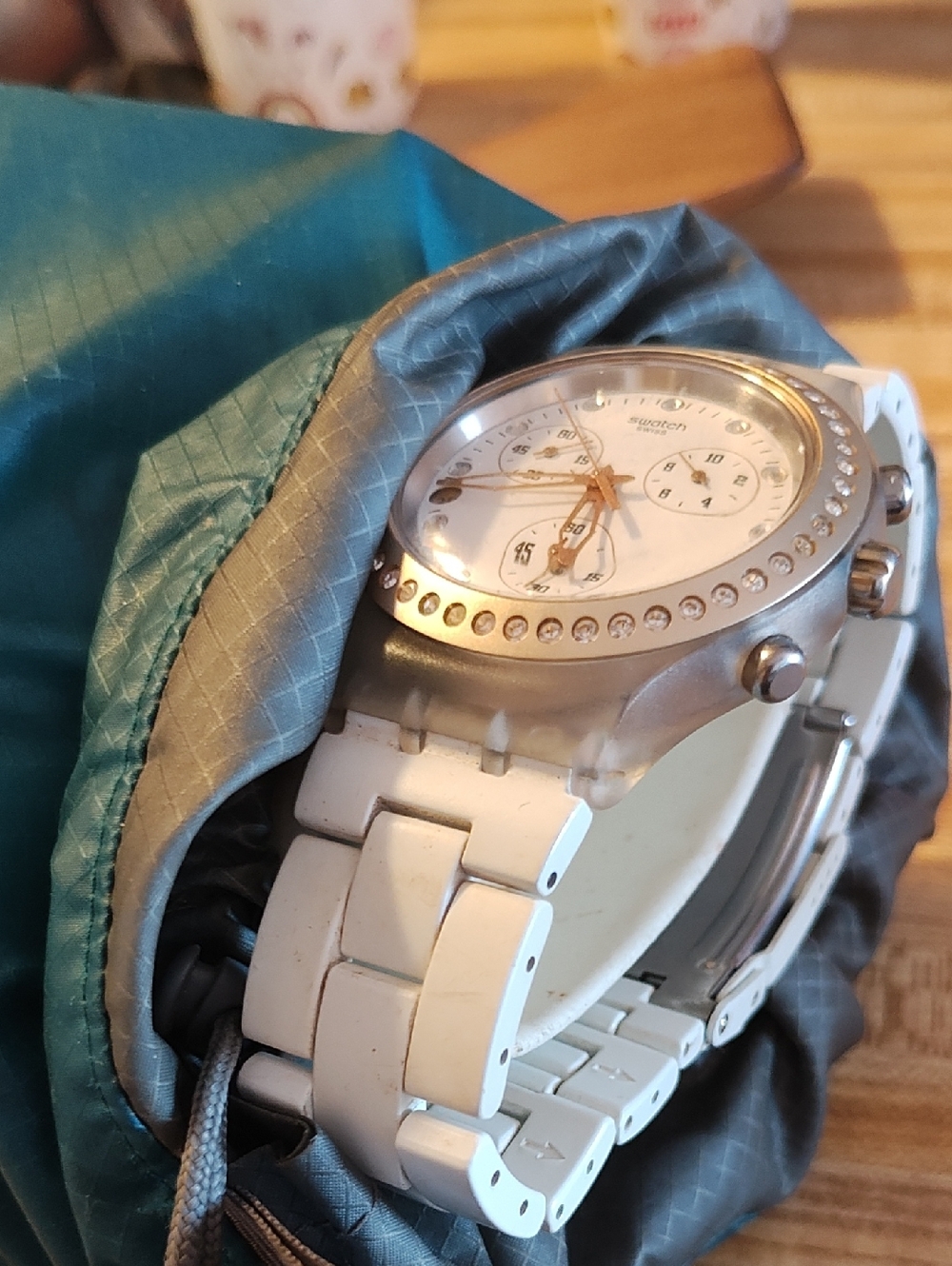 SWATCH Irony Diaphane Men's White Chronograph Watch with Rhinestone Bezel NEW
